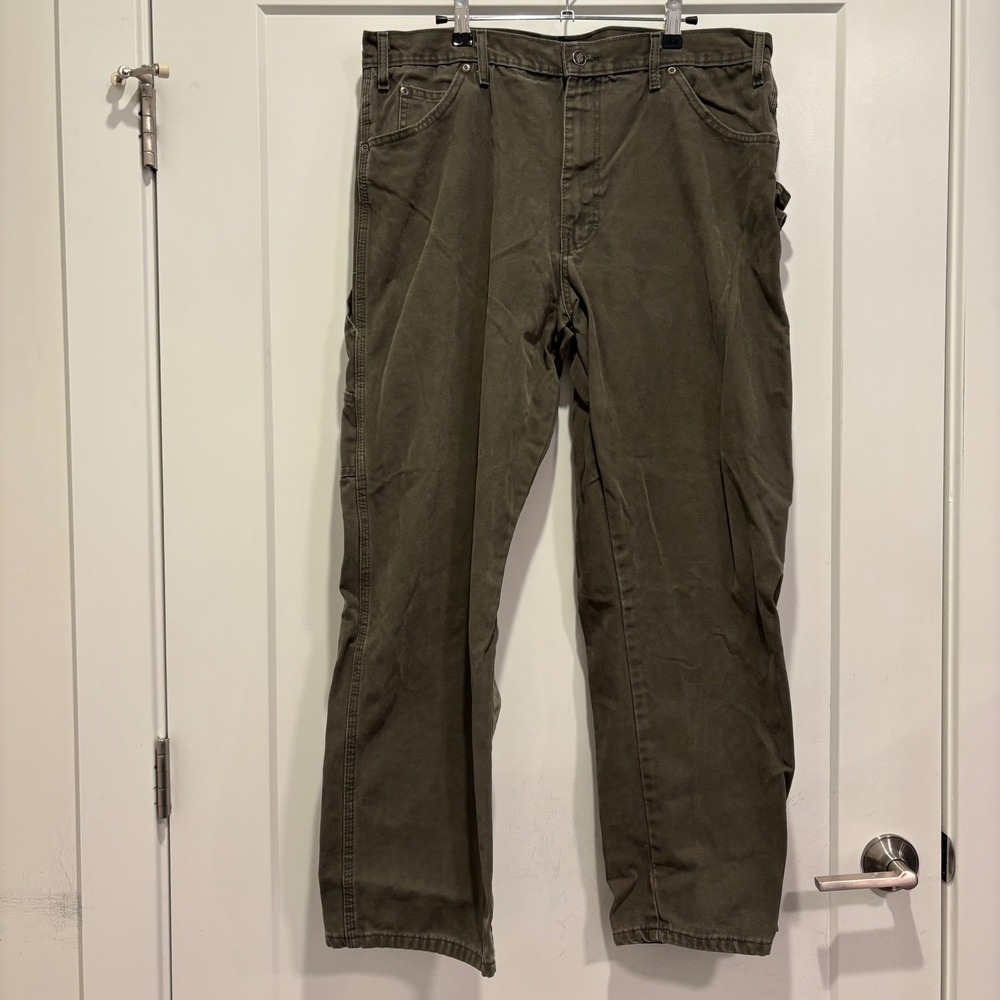 Dickies Mens Relaxed Fit Carpenter Pants Olive Green Canvas Utility Work 34x29